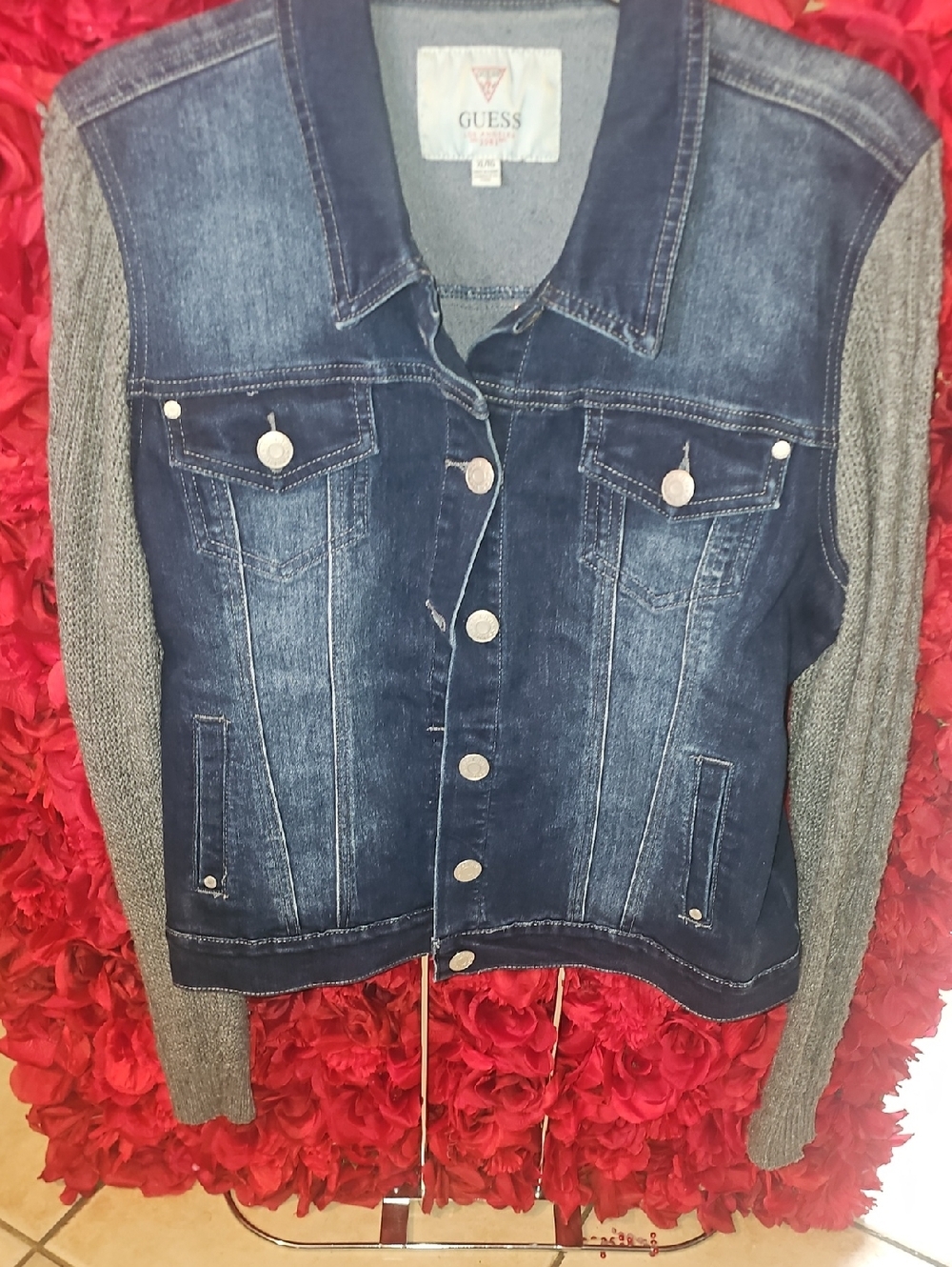Guess Vintage Women's Dark Blue Denim Jacket with Gray Knit Sleeves Size Xlarge